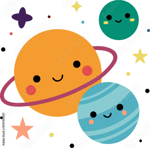 Smiling planets and stars making shapes, vector art for nursery decor with white background.