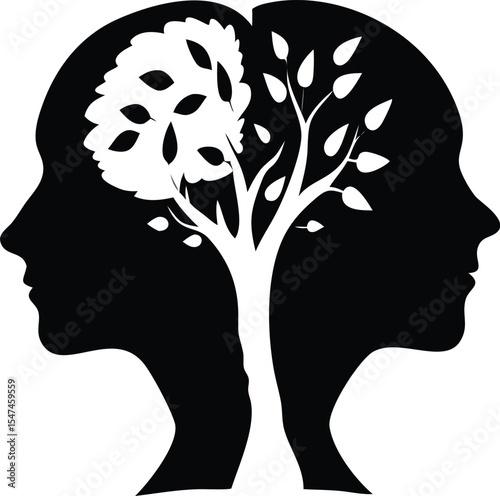Dual Human Silhouettes with Tree Brain Symbolizing Mental Growth
