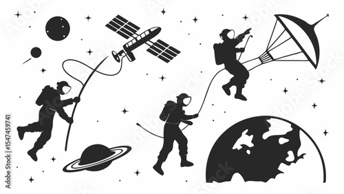 Monochrome silhouette vector illustration depicting multiple astronauts exploring a cosmic scene with planets, satellite, and stars. Space adventure concept art.
