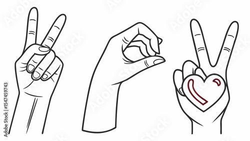 Black and white line art illustration featuring three hands. The first shows a peace sign, the second forms an O for love, and the third a peace sign holding a heart, symbolizing peace and love.