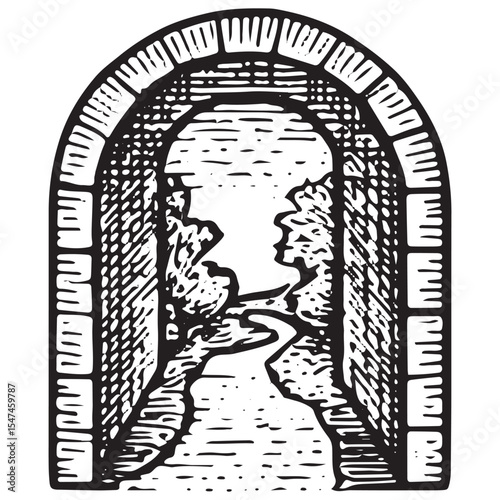 Black and white hand-drawn archway, symbolizing transition, hope, and new beginnings in a mental wellness illustration with a serene design
