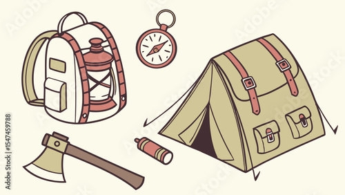 Vintage style camping gear illustration featuring a backpack, tent, lantern, compass, axe, and water bottle for outdoor adventure and hiking essentials.