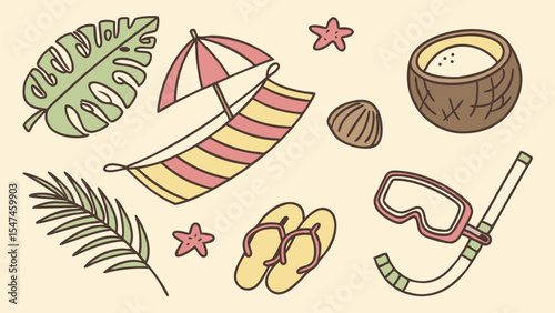 Hand-drawn pastel summer vacation essentials collection featuring tropical leaves, beach umbrella, hammock, coconut drink, flip-flops, and snorkel gear on a light background.
