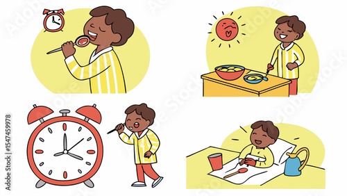 Cheerful cartoon boy's complete morning routine illustration showing waking up, eating breakfast, brushing teeth, and getting ready for the day.