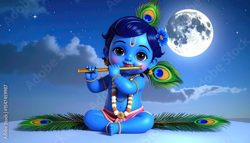 Infant Krishna: A Serene Flute Melody Under the Moon