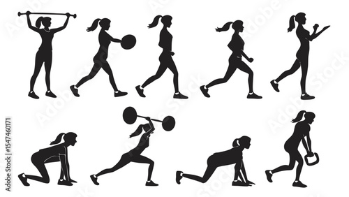 Dynamic black silhouettes of women doing diverse fitness exercises. Includes weightlifting, bodyweight lunges, squats, and cardio workouts on a clean white background.