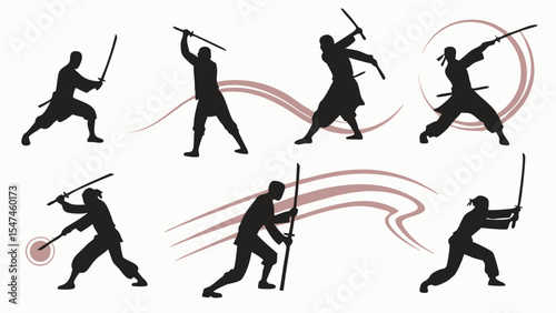 Dynamic Black Silhouette Set of Japanese Martial Arts Warriors Training with Katanas and Staffs in Action Poses Vector Illustration Collection Graphic Art
