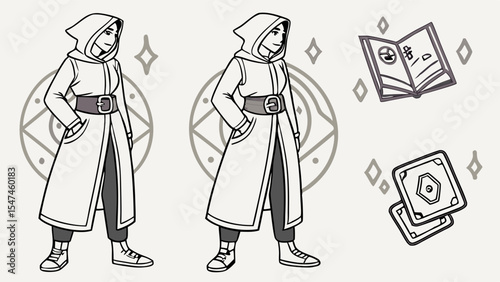 Black and white fantasy illustration of a hooded wizard character design with a magic book, arcane cards, and mystical symbols, perfect for game art or concept.