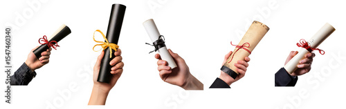 Graduation Scrolls in Hands Showcasing Diverse Colors and Styles, Isolated on Transparent, white background