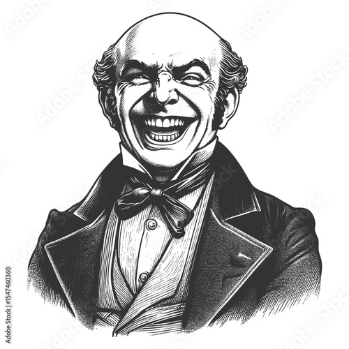 Funny bald man in formal clothing, laughing loudly with a wide open mouth and expressive joy sketch engraving generative ai fictional character vector illustration. Scratch board. Black and white.