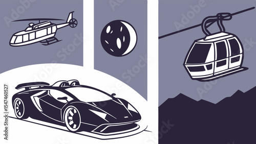 Monochrome illustration featuring a helicopter, sleek sports car, moon, and mountain cable car. Stylish black and white line art depicting luxury transport and nature.