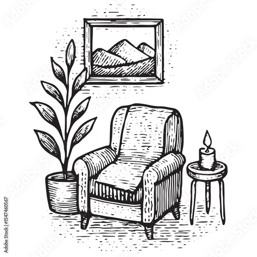 Black and white hand-drawn cozy chair, representing comfort, relaxation, and self-care in a mental wellness illustration with a warm vibe