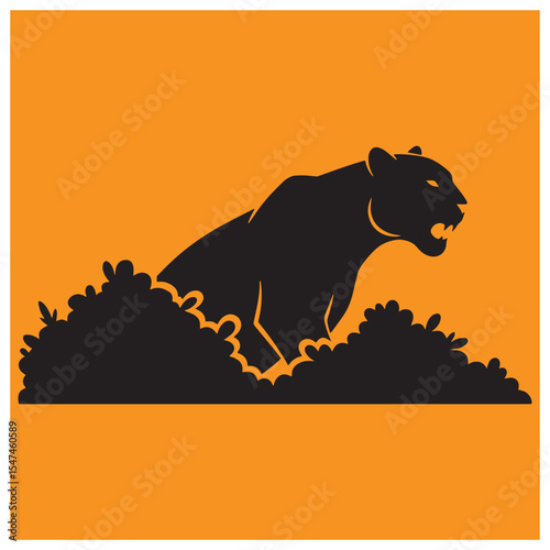 Silhouette of a powerful black panther roaring in a bushy environment against orange background