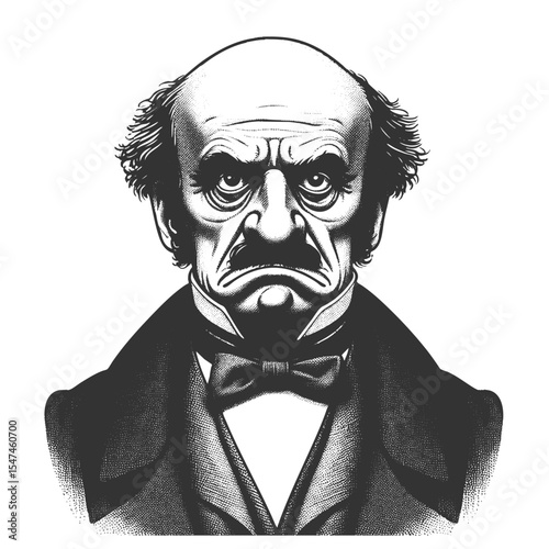 comic illustration of a grumpy bald man with a deep frown, wearing formal attire in retro engraving style sketch engraving generative ai fictional character vector. Scratch board. Black and white.