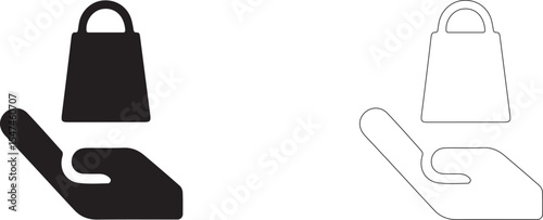 Bag with handles on the palm. Vector icon of shopping, gift, purchase.