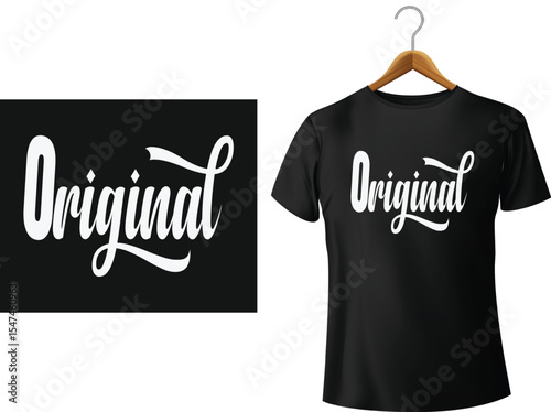 Black t-shirt mockup with the word original in a white decorative script font