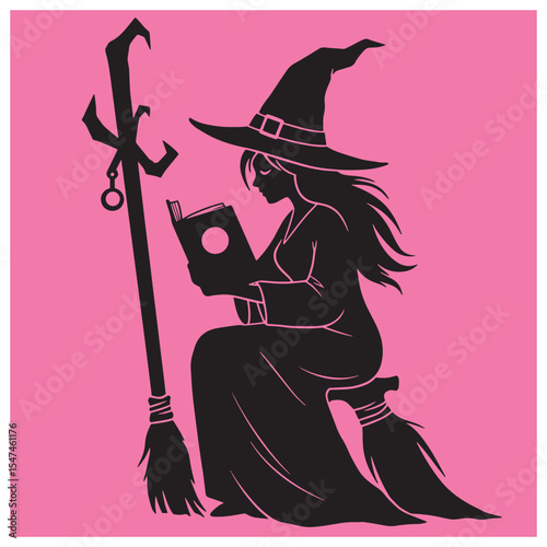 Silhouette of a witch reading a spell book while resting on a broom on a pink background