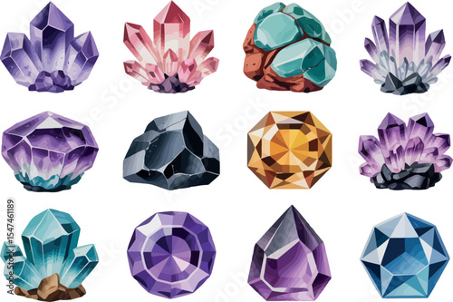 a collection of gemstones and crystals. They are depicted in a vibrant watercolor style. Various colors and shapes are shown.