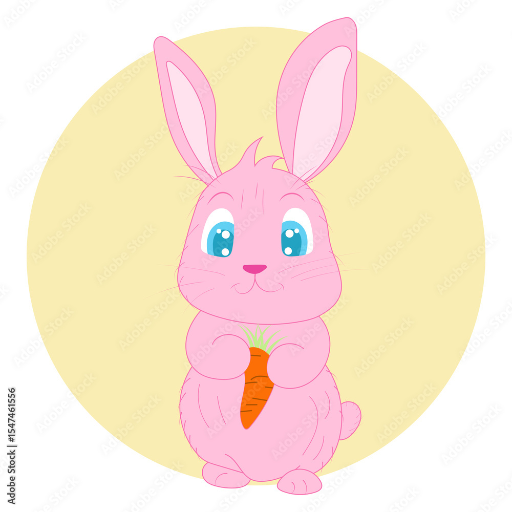 Fototapeta premium Cute pink bunny holding carrot, yellow circle background, vector illustration, isolated, animal character, cartoon style, nursery decor, kids design, Easter theme, playful, happy, simple shapes, flat 
