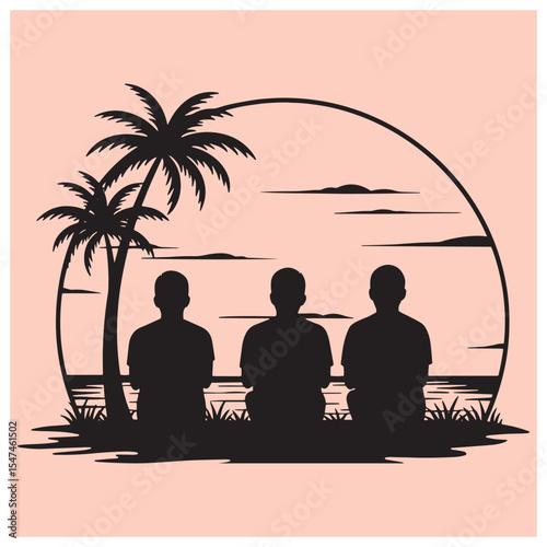 Silhouette of friends relaxing on a beach with palm trees at sunset