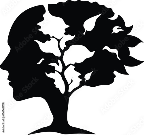 Tree Silhouette Forming a Human Profile with Birds in Fligh