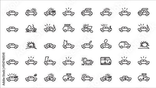 Set of Car Accident Line Icons Illustrating Traffic Collision Damage Insurance and Road Safety Concepts