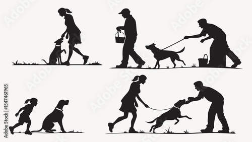 Black and white silhouette vector art of people training and walking dogs demonstrating responsible pet ownership and care.