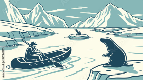 Arctic explorer in canoe paddling through icy water with seals and icebergs. Winter adventure and polar wildlife illustration.