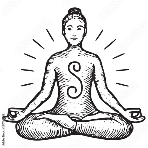 Black and white hand-drawn illustration of a serene meditating woman, symbolizing mindfulness, inner calm, and spiritual balance in mental wellness