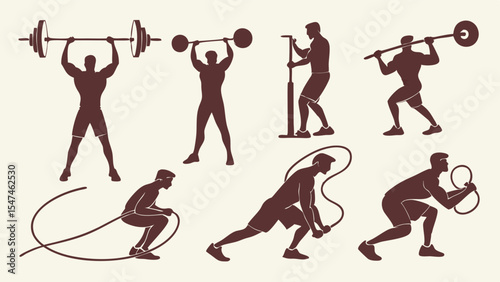 Fitness workout and strength training gym exercises. People doing weightlifting, battle rope, and jump rope silhouettes.