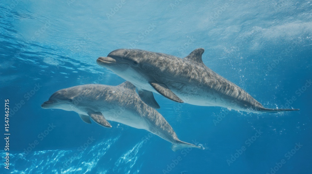 Obraz premium Two dolphins swimming gracefully beneath the azure surface of the sea