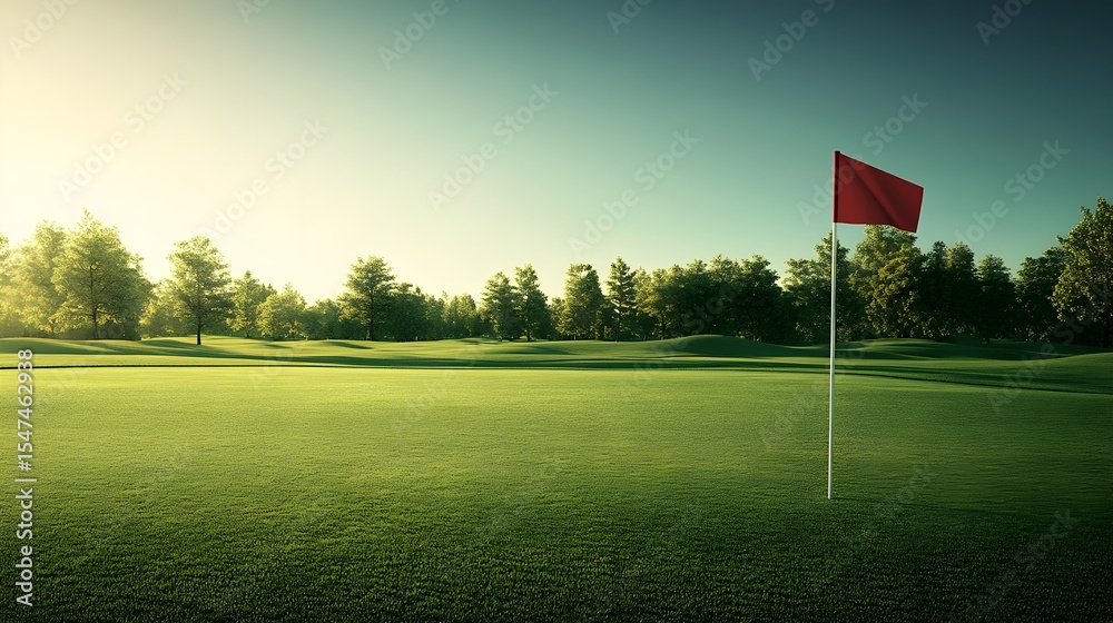 Obraz premium Serene Golf Course at Sunrise, golf green, fairway, putting green, golf flag, red flag