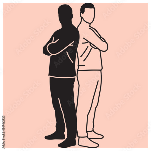 Two men back to back facing opposite directions with arms crossed minimalism vector illustration