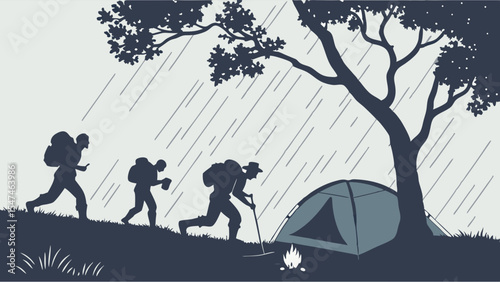 Hikers walking in rain to a tent and campfire under a tree. Outdoor adventure, camping trip, bad weather journey silhouette.