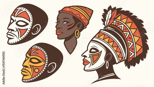 Traditional African masks and women portraits. Ethnic art, culture, and tribal headdresses. African heritage.