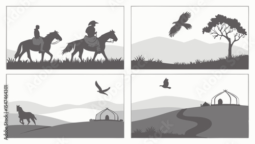 Silhouette landscape with horses, riders, eagles, and yurts. Nature, travel, nomadic life, freedom, outdoor adventure concept.