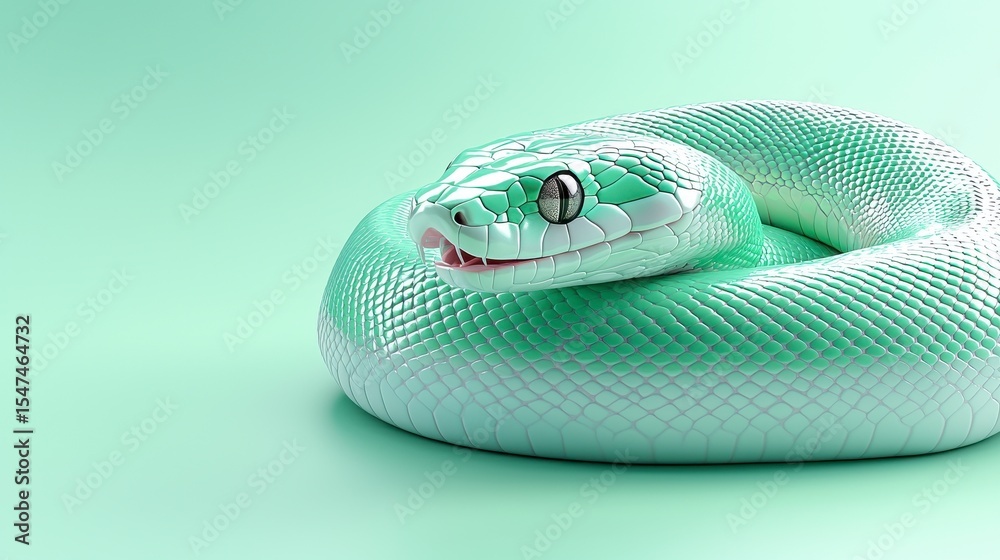 Fototapeta premium Pastel Green Pixel Snake Coiled on Pale Green Background