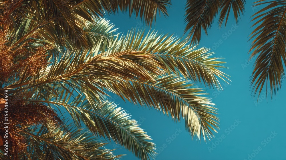 Fototapeta premium Low angle view of palm leaves against blue sky, modern minimal layout 