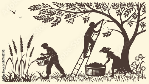 People harvesting fruit and crops on a farm. Rural agriculture scene with farmers working during autumn harvest season. Silhouette.