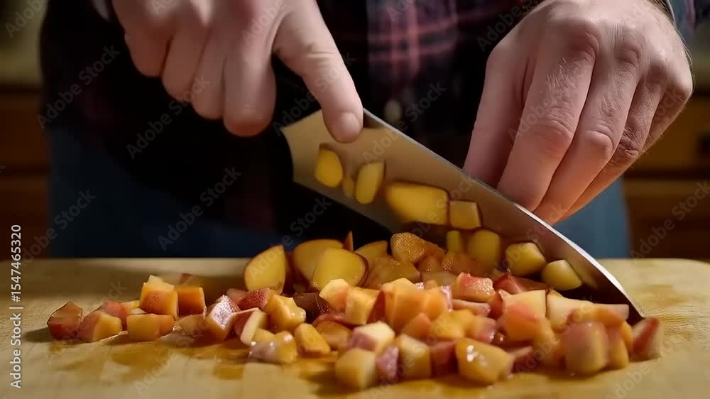 Chef dicing Peaches on Wooden Board Chef dicing Peaches on Wooden Board