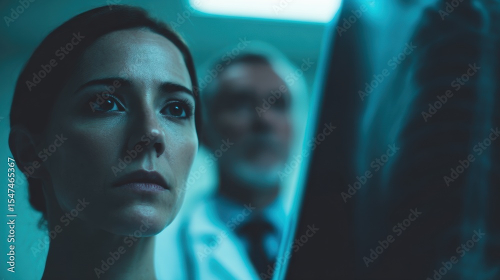 Obraz premium Patient Viewing X-Ray Beside Doctor in Tense Clinical Setting