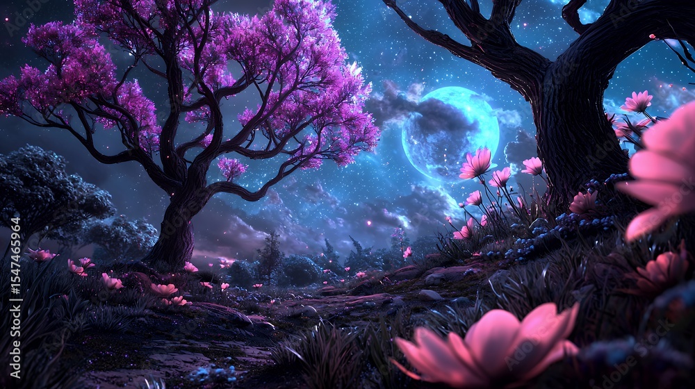 Fototapeta premium Pixel Art Mystical Night Landscape with Pink Blossoms and Glowing Moon