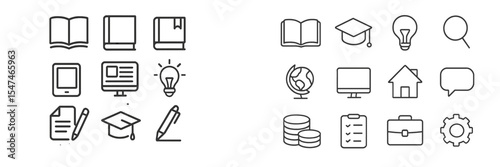 Collection of simple line icons representing education, technology, and communication themes in a modern design layout