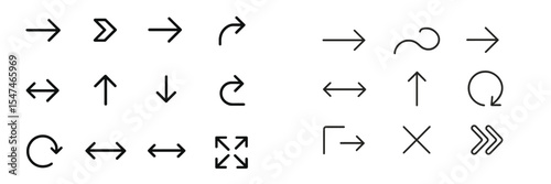 Various directional symbols utilized in graphic design and signage, featuring arrows, curves, and motion indicators