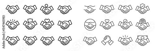 Handshake icons representing collaboration, partnership, and agreement in various styles and designs