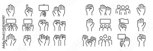 Diverse hand gestures representing communication, unity, and protest in a minimalist design