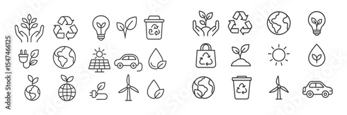 Various eco-friendly icons showcasing sustainability concepts and environmental protection practices in a linear design
