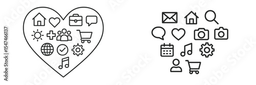 Icons representing daily life elements and emotions forming a heart shape, illustrating the interconnected aspects of modern living