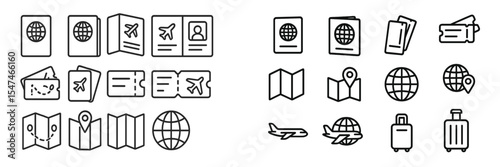 Travel-related icons depicting travel documents, maps, and accessories for globe-trotters on a white background