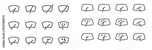 Multiple sketches of windshield wiper movements in various weather conditions and scenarios for vehicle maintenance